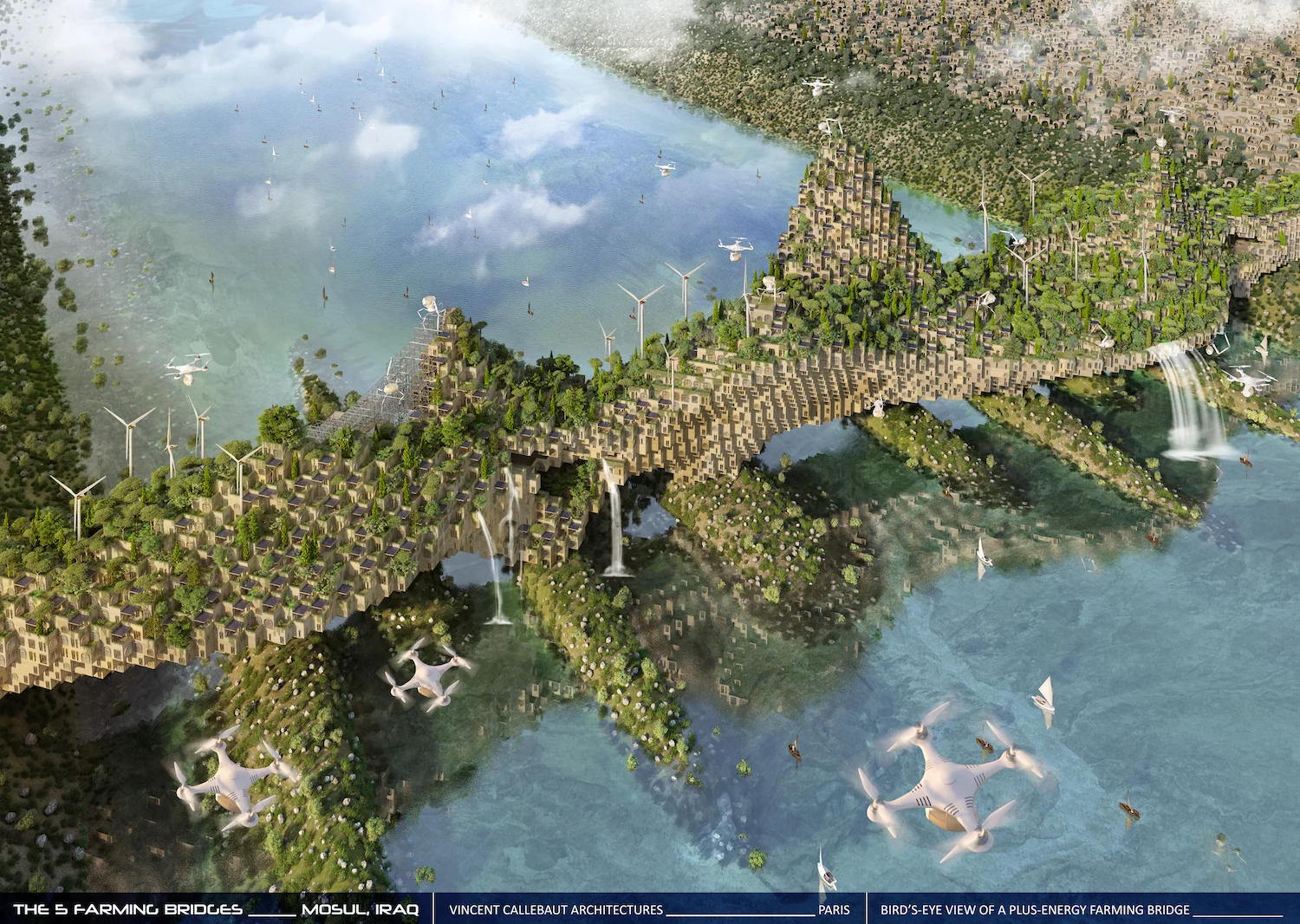 The 5 Farming Bridges proposal would involve drones transporting building material to 3D-printing robots that take the form of spiders