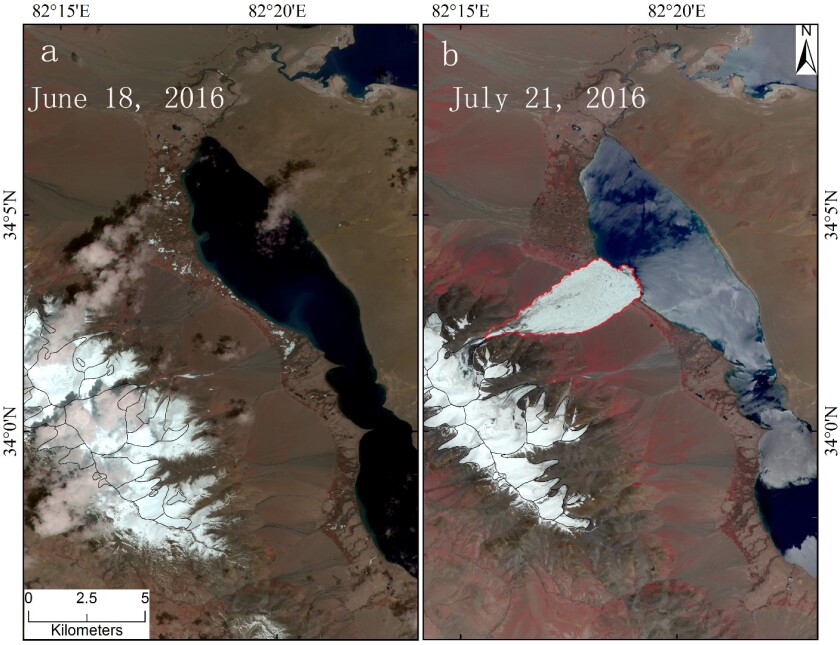 Satellite images show the before (left) and just after (right) of the Aru Glacier collapse that occurred on July 17, 2016 in western Tibet