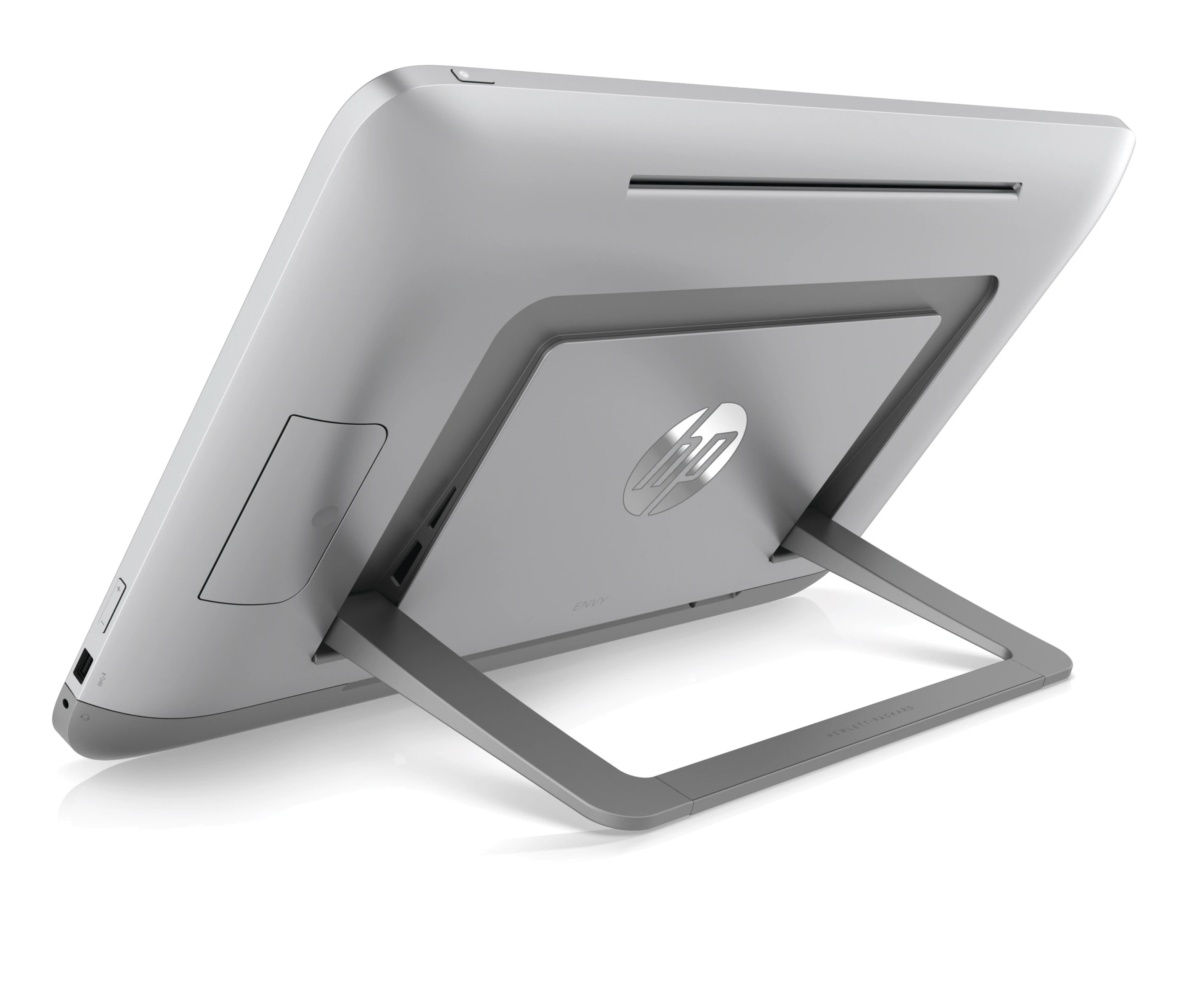 The kickstand flips out at the press of the large hinge lock for desktop use, or can lie flush within the body and placed on the tabletop