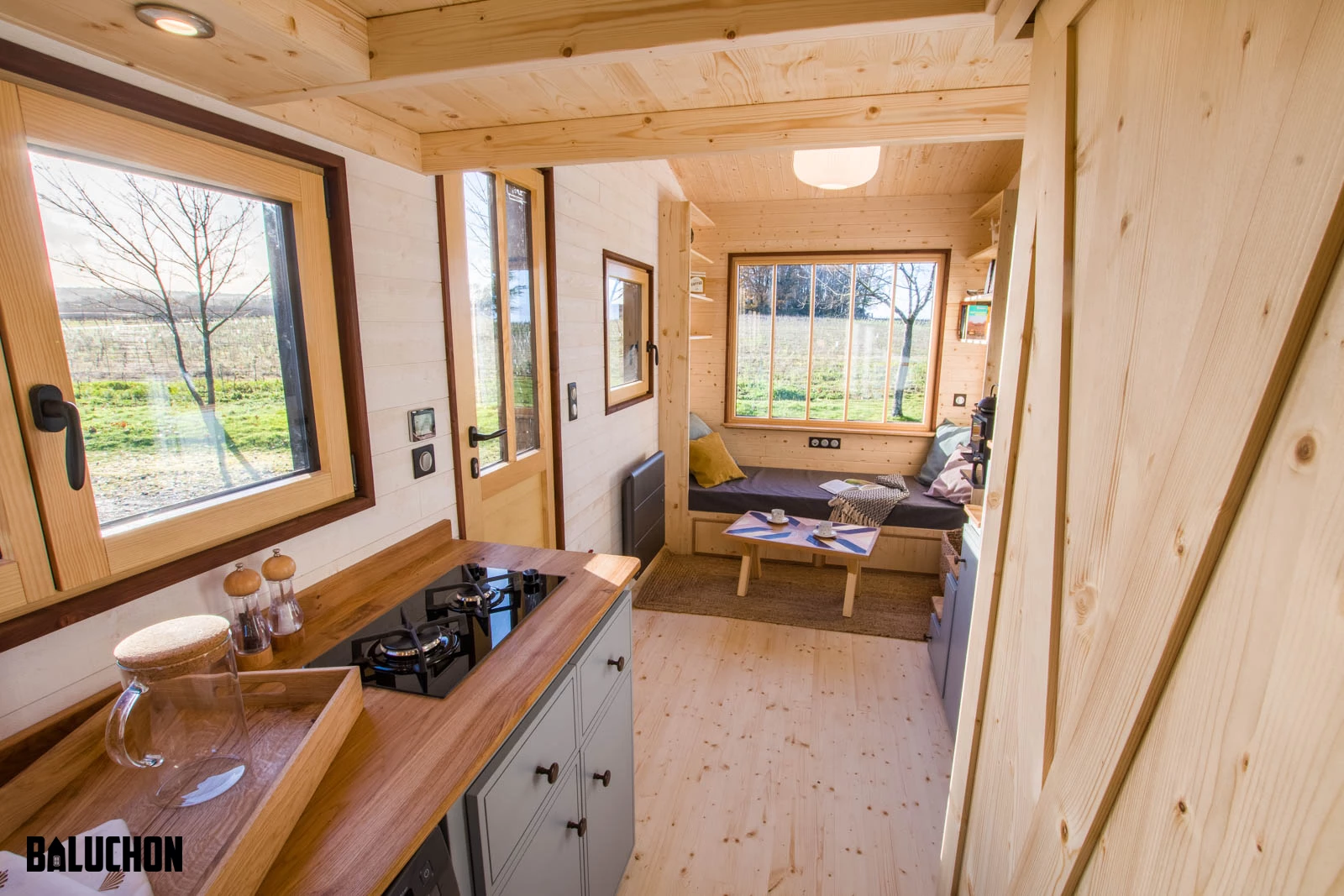 Tiny House Nottingham's interior is finished in a mixture of spruce and oak