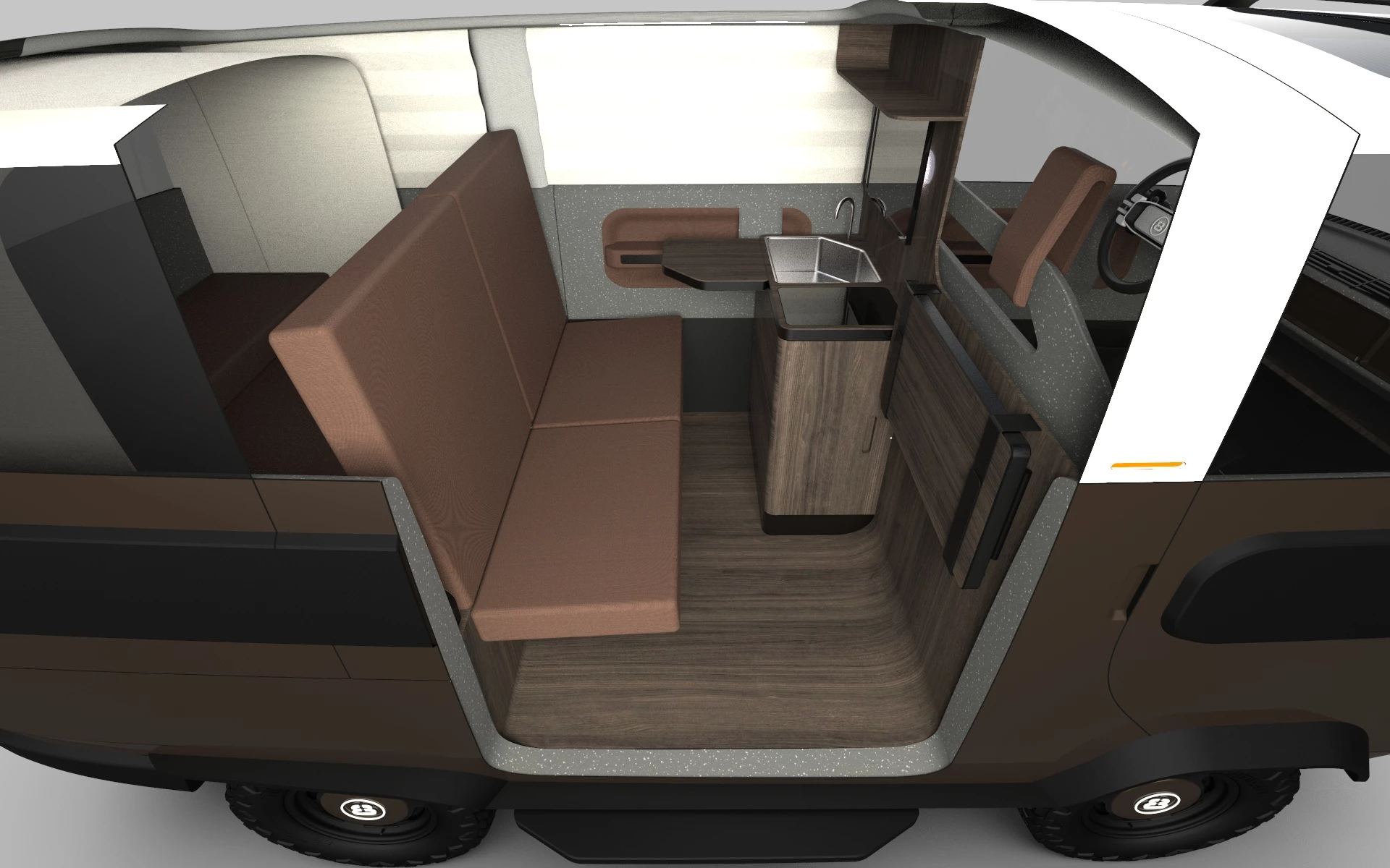 The compact size of the eBussy makes for a small but capable floor plan with corner kitchen and folding bench/bed