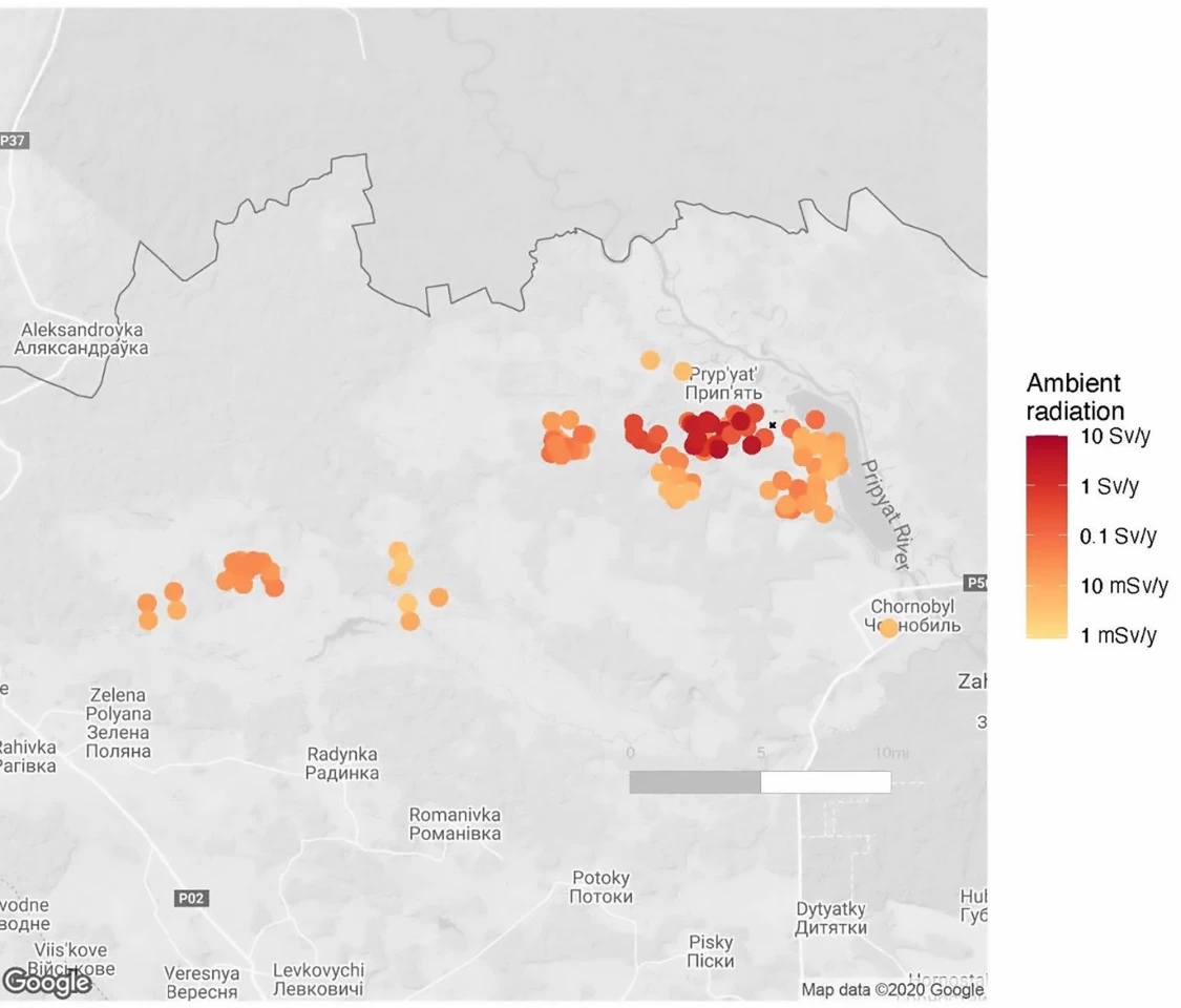 The Chornobyl Exclusion Zone with dots marking where the worms were collected and the level of radiation at each site