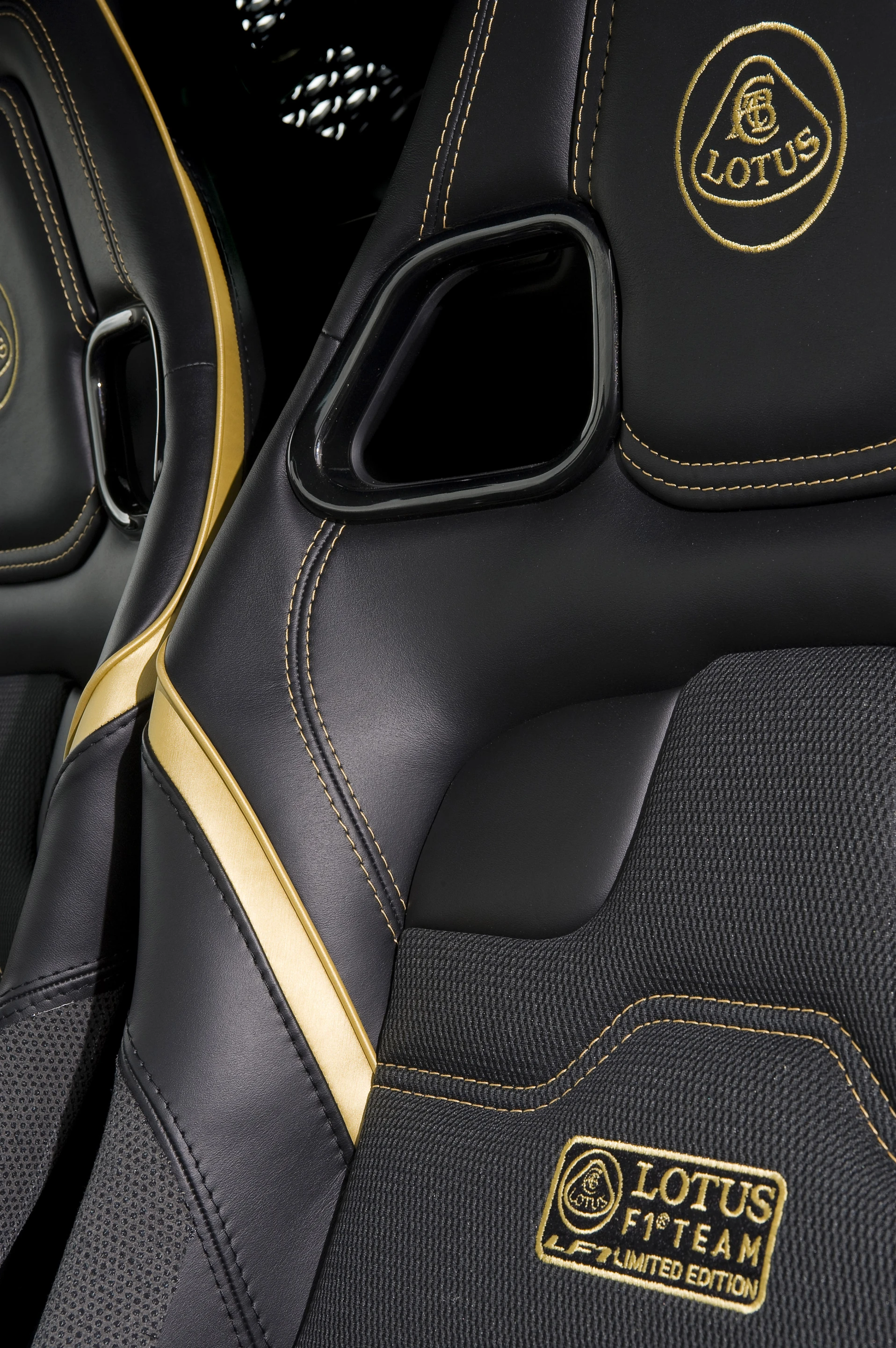 Gold piping and stitching pop against the black interior