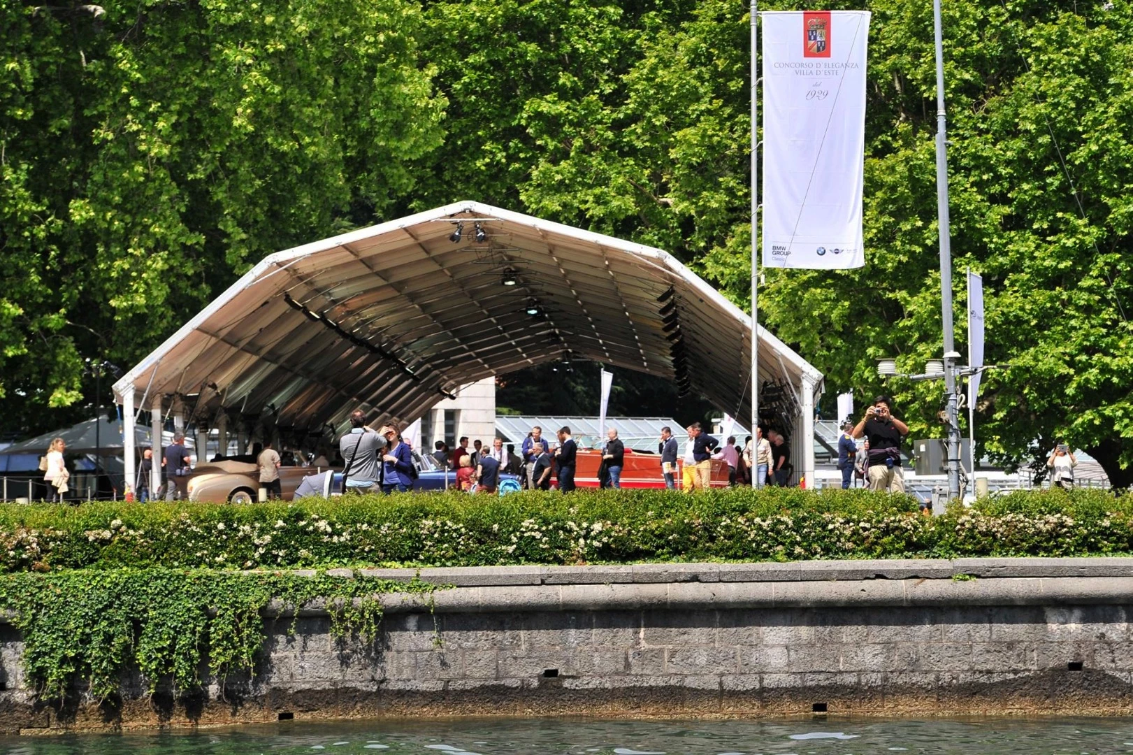 The Villa Erba display area for the auction cars viewed from Lake Como.
