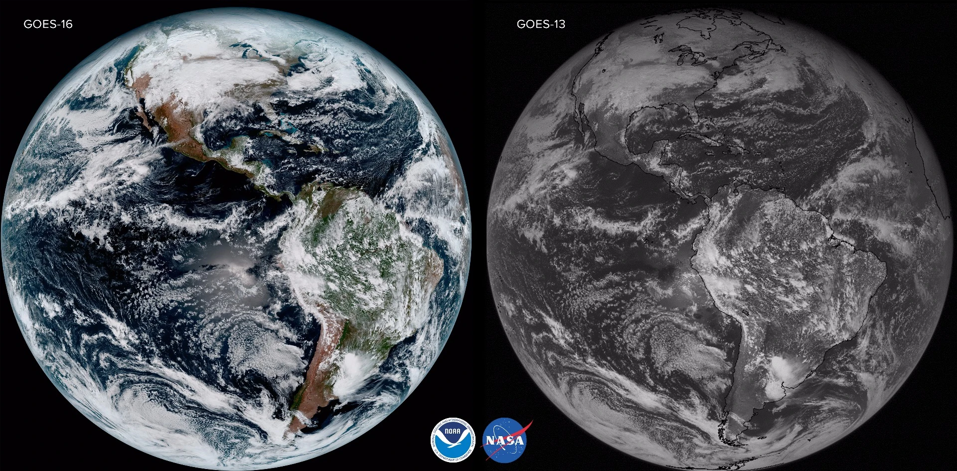 Comparison of the capabilities of the GOES-16 satellite compared to the older GOES-13 probe. Both images of Earth's disk were captured on Jan. 15. 2017