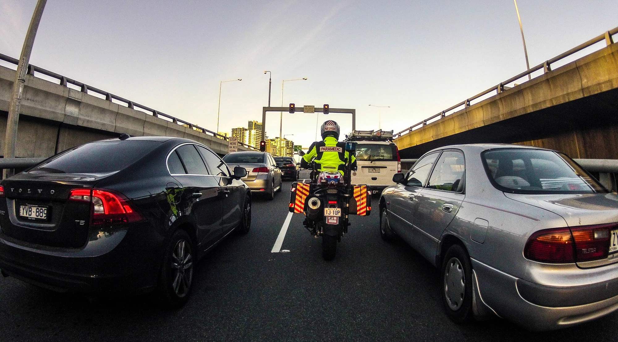 "Perfect example of the abilities of the motorcycle, this is on an entry ramp. Accessing Citylink around near the tunnels is very challenging for ambulance resources. You've gotta try to work out what's the best entry point - and on these double entry lanes, there's nowhere for cars to move over."