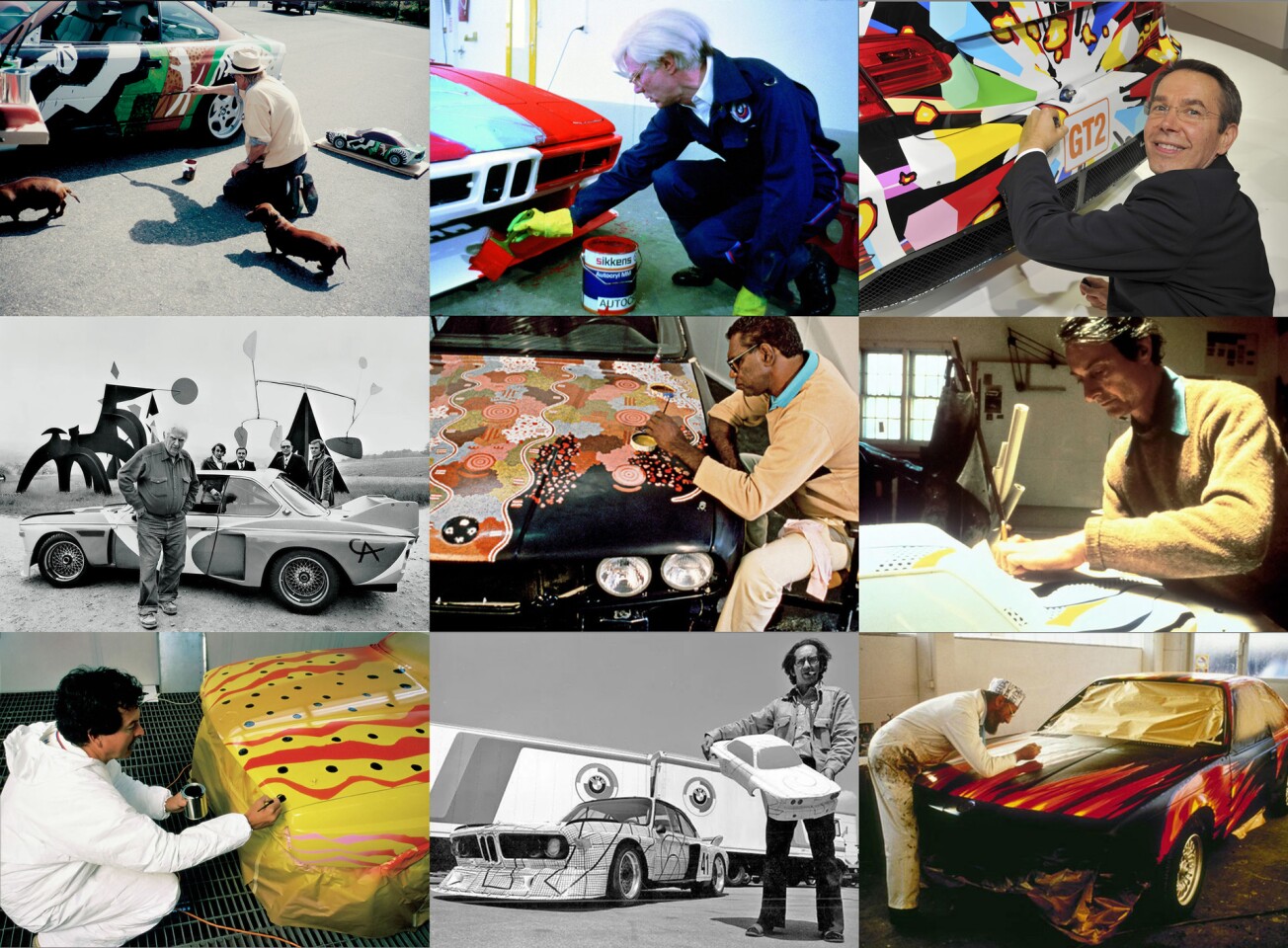 From top left to right: David Hockney, Andy Warhol, Jeff Koons. Middle row: Alexander Calder, Michael Jagamara Nelson, Roy Lichtenstein. Bottom row: Ken Done, Frank Stella, Ernst Fuchs