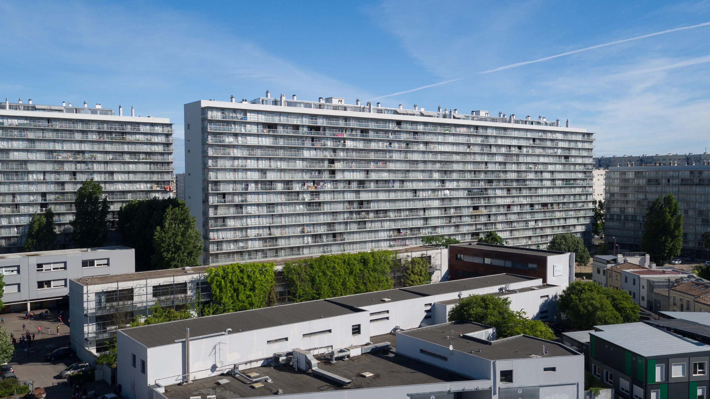 Transformation of G, H, I Buildings, Grand Parc, 530 Units, Social Housing (with Frédéric Druot and Christophe Hutin) was completed in 2017 and is an example of Lacaton and Vassal's belief that demolishing existing buildings should be avoided if at all possible