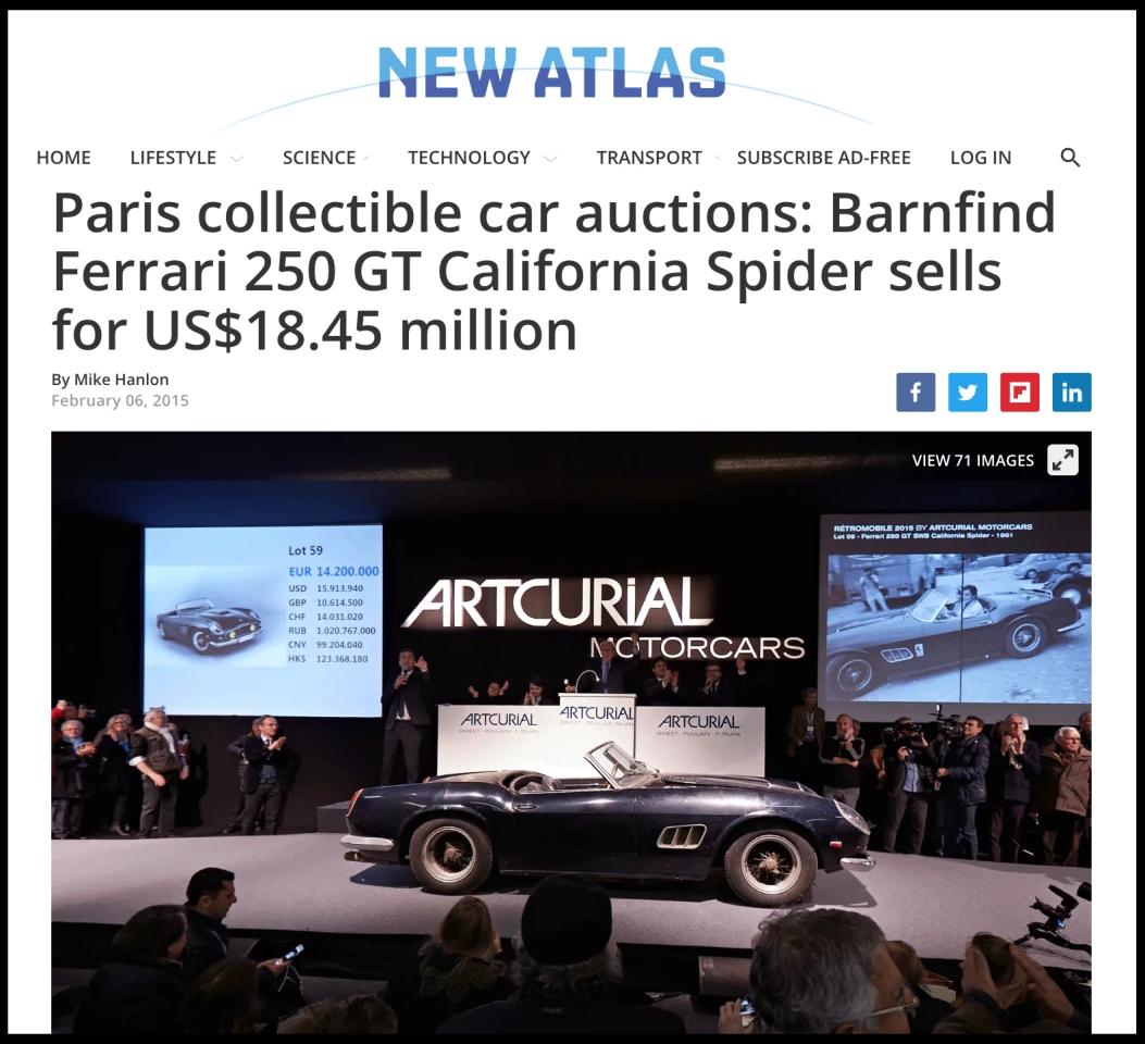 The majority of the $28.5 million fetched by the Baillon Collection was a $18.45 million Ferrari 250 GT California Spider with a distinctly French provenance. The car was owned new by handsome French actor Alain Delon. Delon was a paparazzi favourite in his open top Ferrari 250 GT which had a procession of female passengers including Jane Fonda, Shirley MacLaine and Brigitte Bardot.