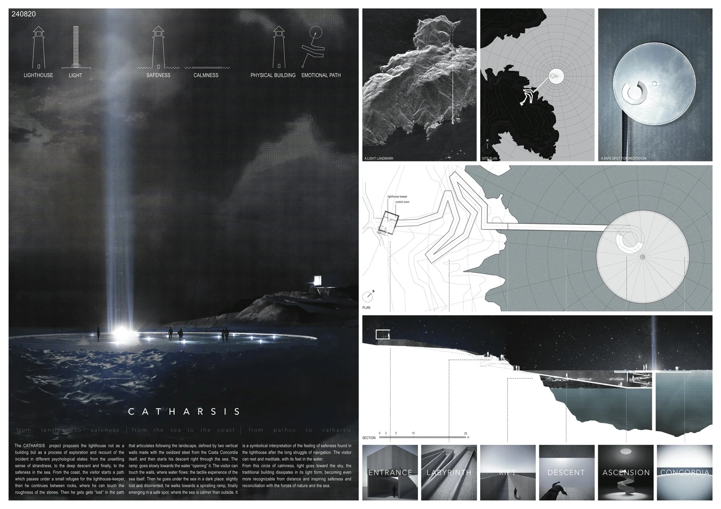 Third-place entry Catharsis ratchets the level of abstractness up a notch and calls for an unusual structure with walls made with the rusted steel of the Costa Concordia