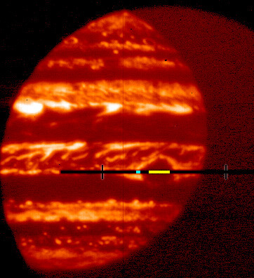 Infrared view of Jupiter, with the Great Red Spot highlighted as a yellow line