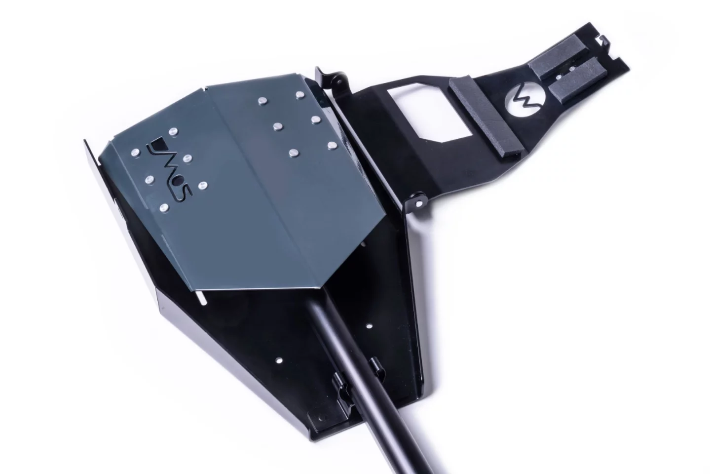 The DMOS carrier secures to a roof rack or tire holder and clasps the Delta Shovel away with a hinged door