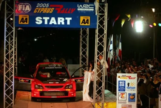 Harry Rovanperä's Mitsubishi Lancer in the pre-race ceremonies