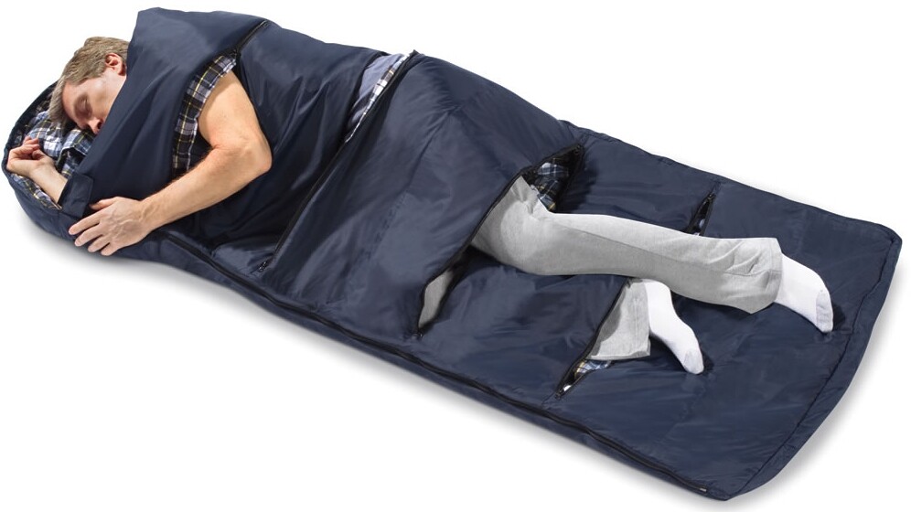 The bag is divided into four segments with zippers running horizontally across the body