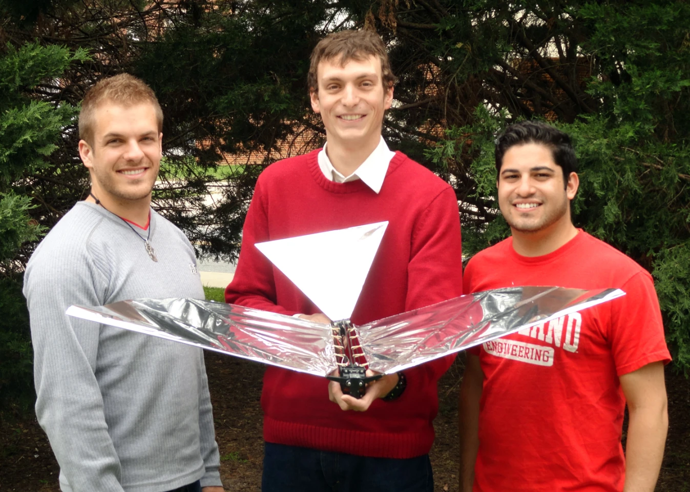 Students Luke Roberts, John Gerdes and Ariel Perez-Rosado with Robo Raven (Photo: University of Maryland)