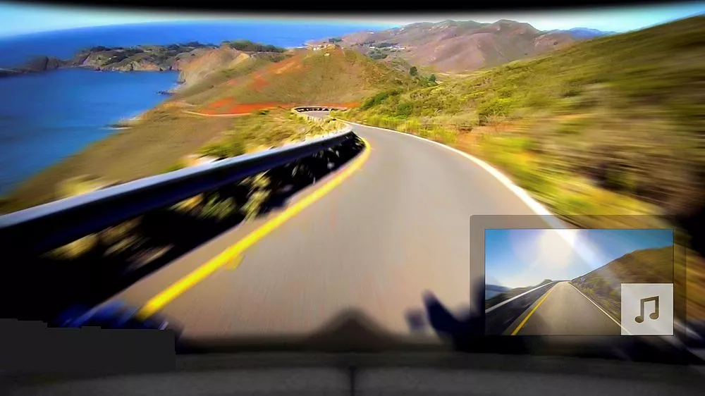 The Skully AR-1 HUD showing the rear-view video feed and indicating that music is being played (Photo: Skully Helmets)