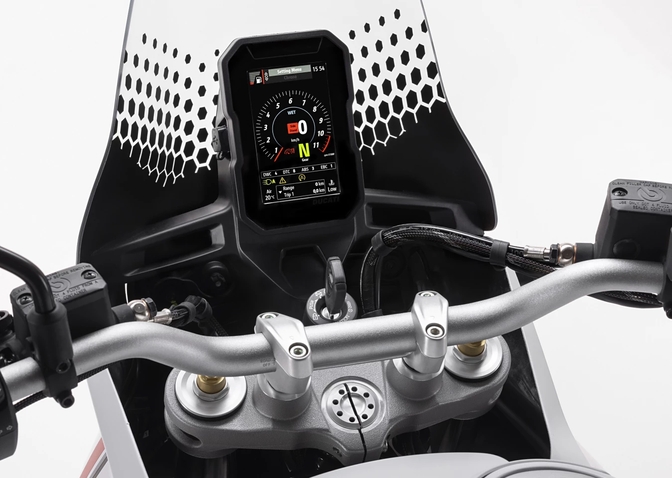 Ducati employs a 5-inch TFT color screen on the 2022 DesertX, but the connectivity kit is extra
