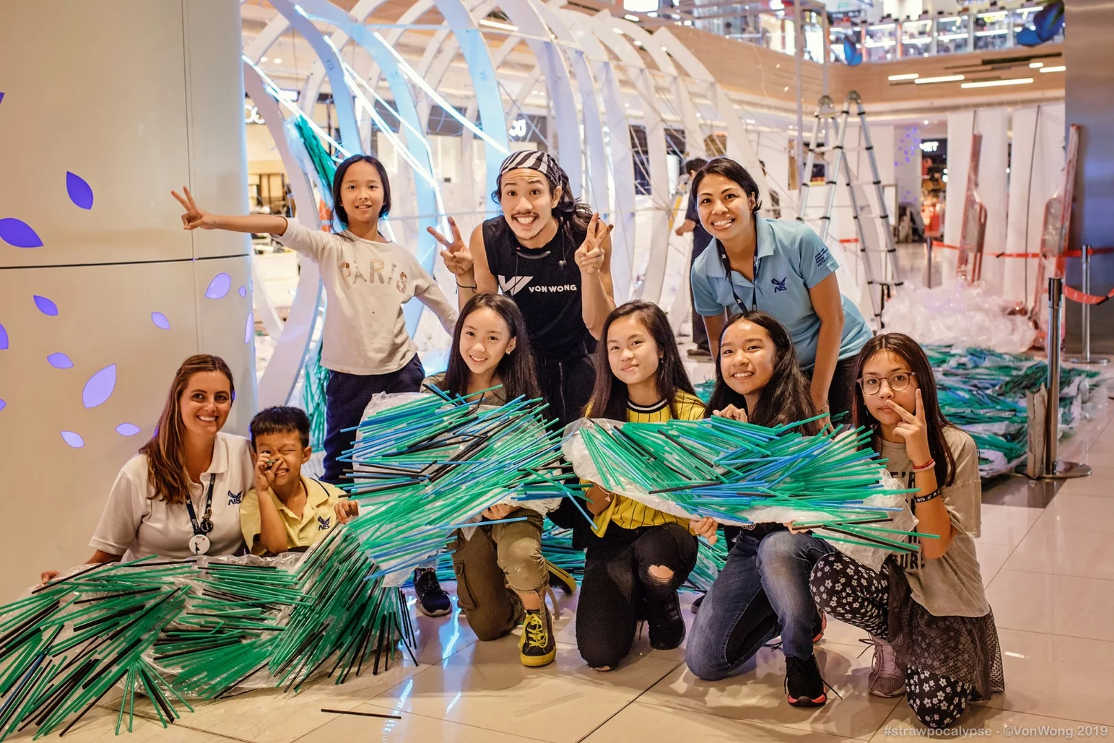 Volunteers during the construction of the Strawpocalypse installation