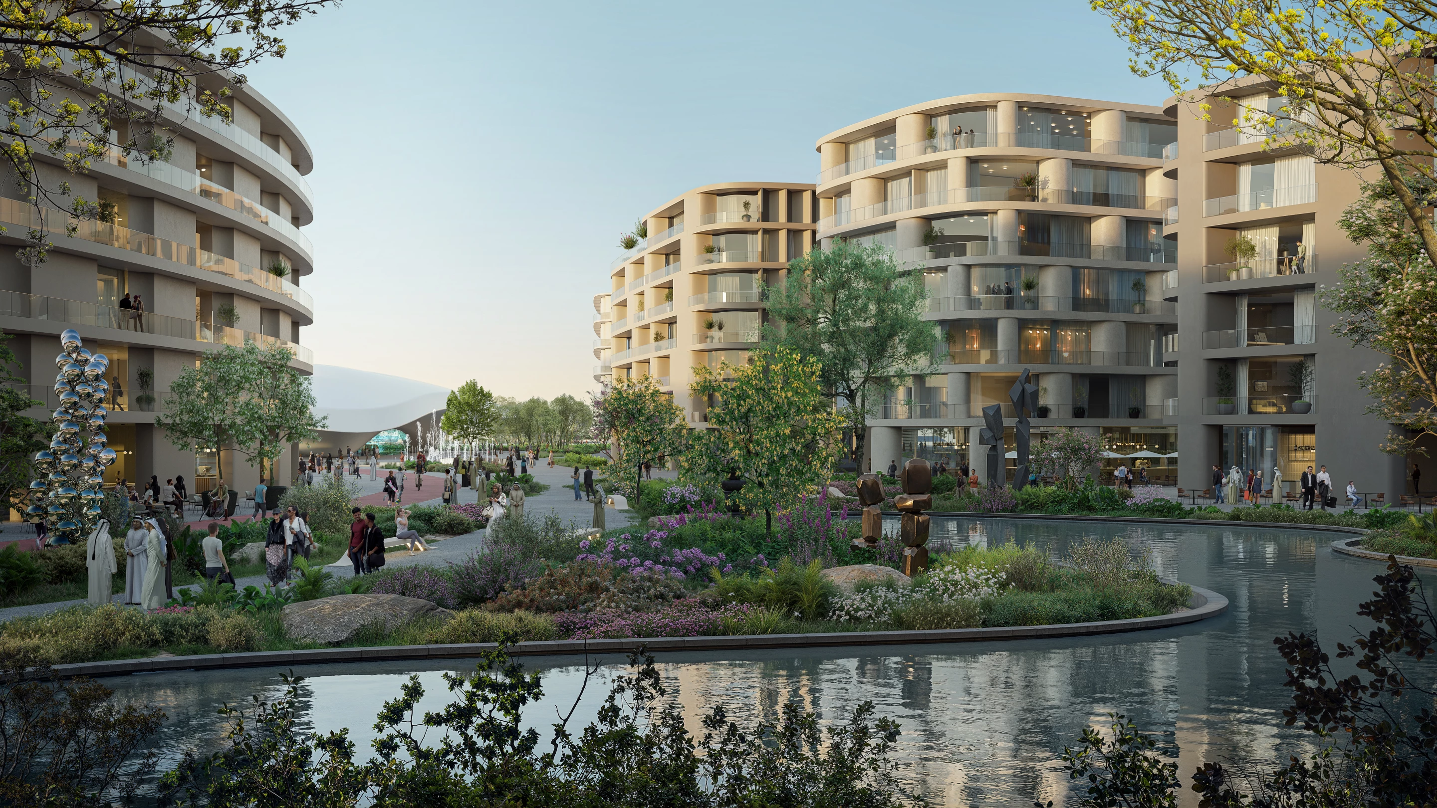 The Khalid Bin Sultan City will feature a pedestrian-focused layout with lots of greenery and water features