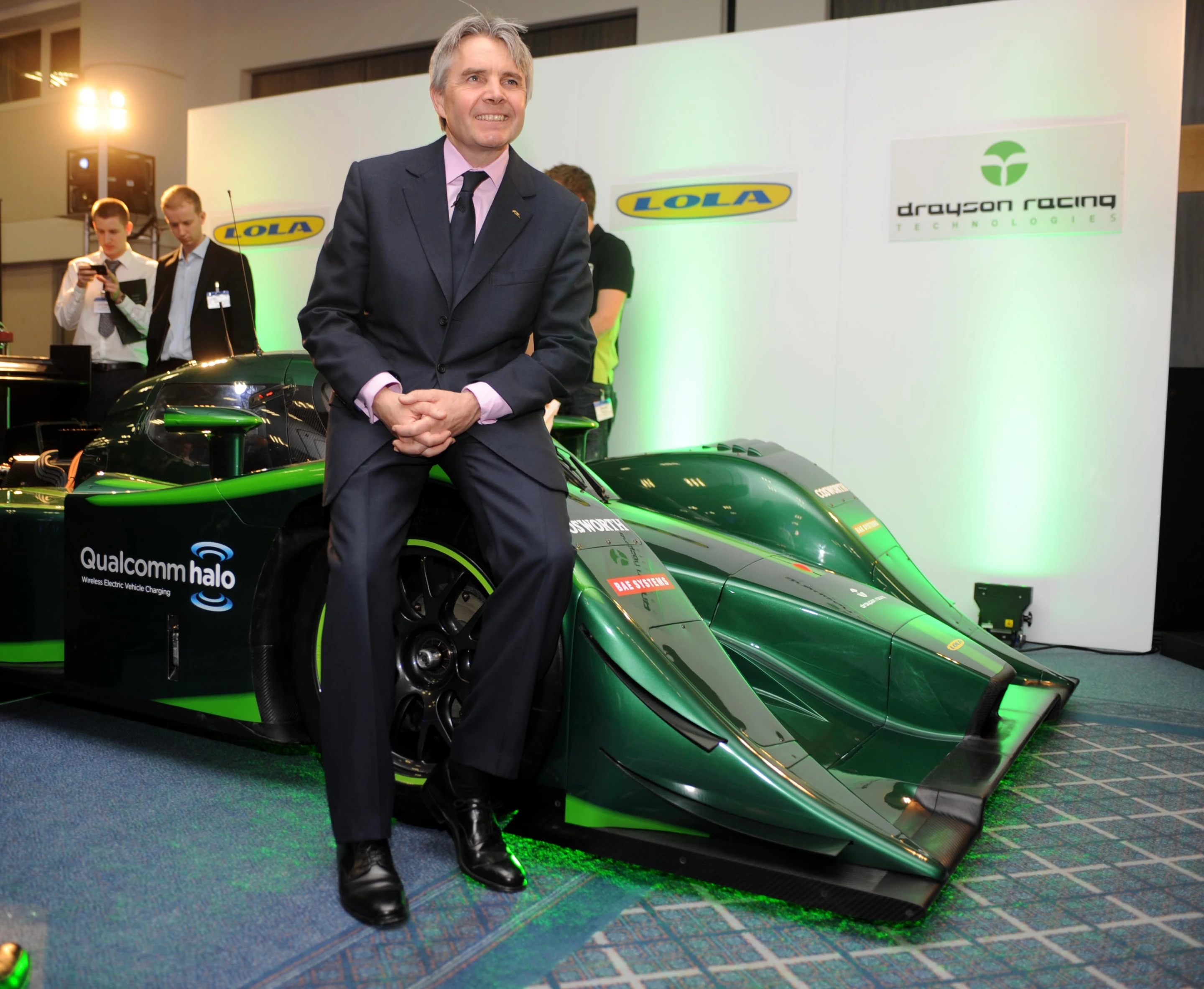 Lord Paul Drayson with an electric racing powered by four electric motors said to deliver a whopping 850 horsepower and a top speed of around 200 mph