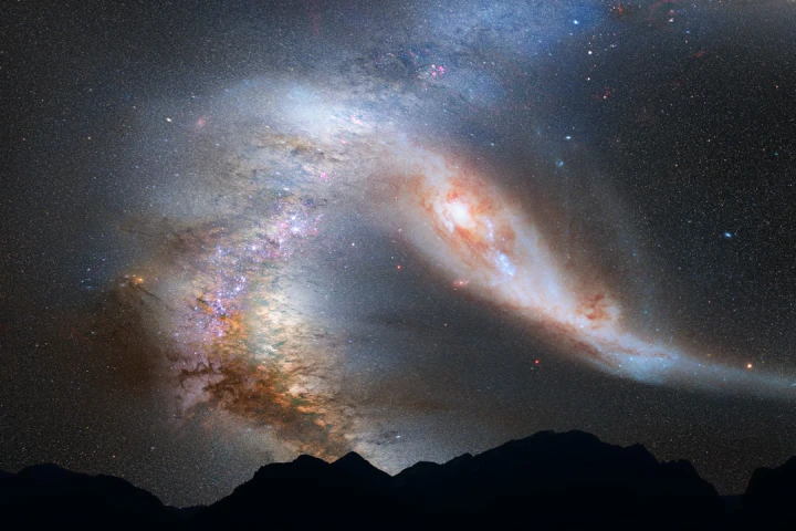 An artist's imagining of the night sky from Earth as the Milky Way collides with neighboring galaxy Andromeda – a new study shows that the Large Magellanic Cloud will also smash into the Milky Way much sooner