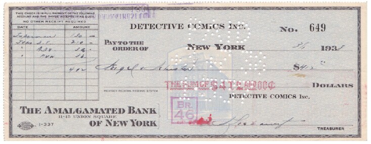 The cheque which was given to those two high school kids who had conceived Superman for the entire rights to the character (including additional remuneration for artwork which appeared on the cover of the first issue of Action Comics #1) subsequently sold at auction for $160,000. Its infamy was partly due to the story that subsequently unfolded as Jerome Seigel and Joe Schuster kicked off legal action against Detective Comics which lasted 70 years.
