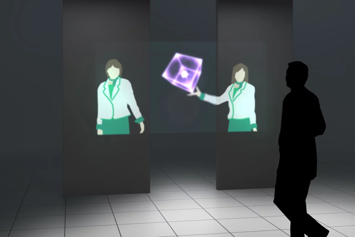 An aerial display image (cube at center) with so-called guide images to either side