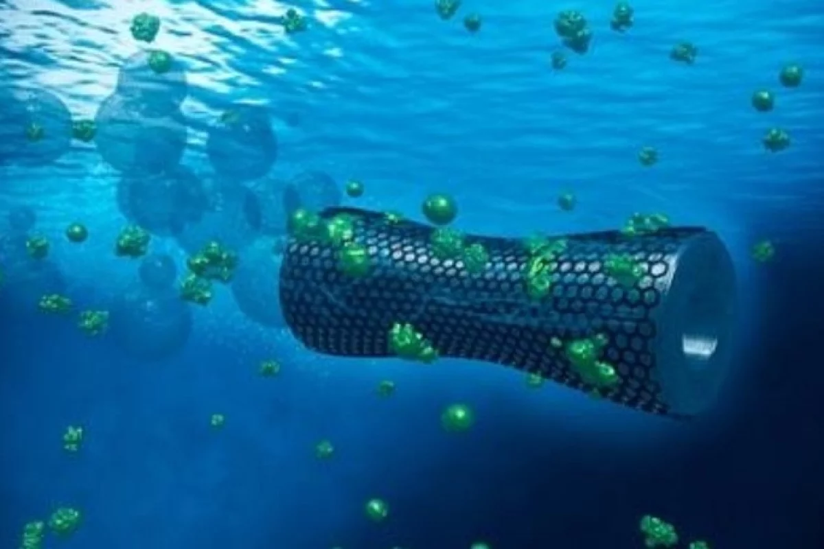 Artist depiction of graphene-coated microbot cleaning lead from wastewater.