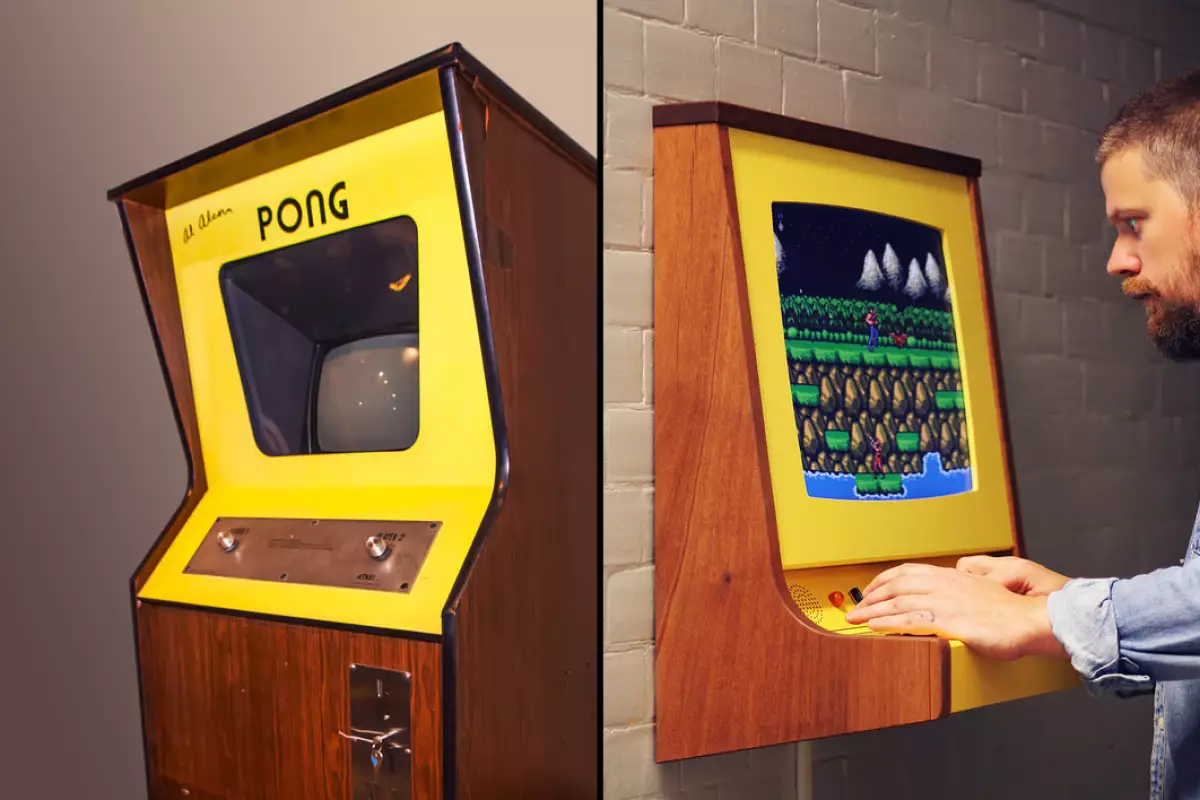 On the left, a Pong arcade cabinet and one the right Love Hultén's OriginX tribute