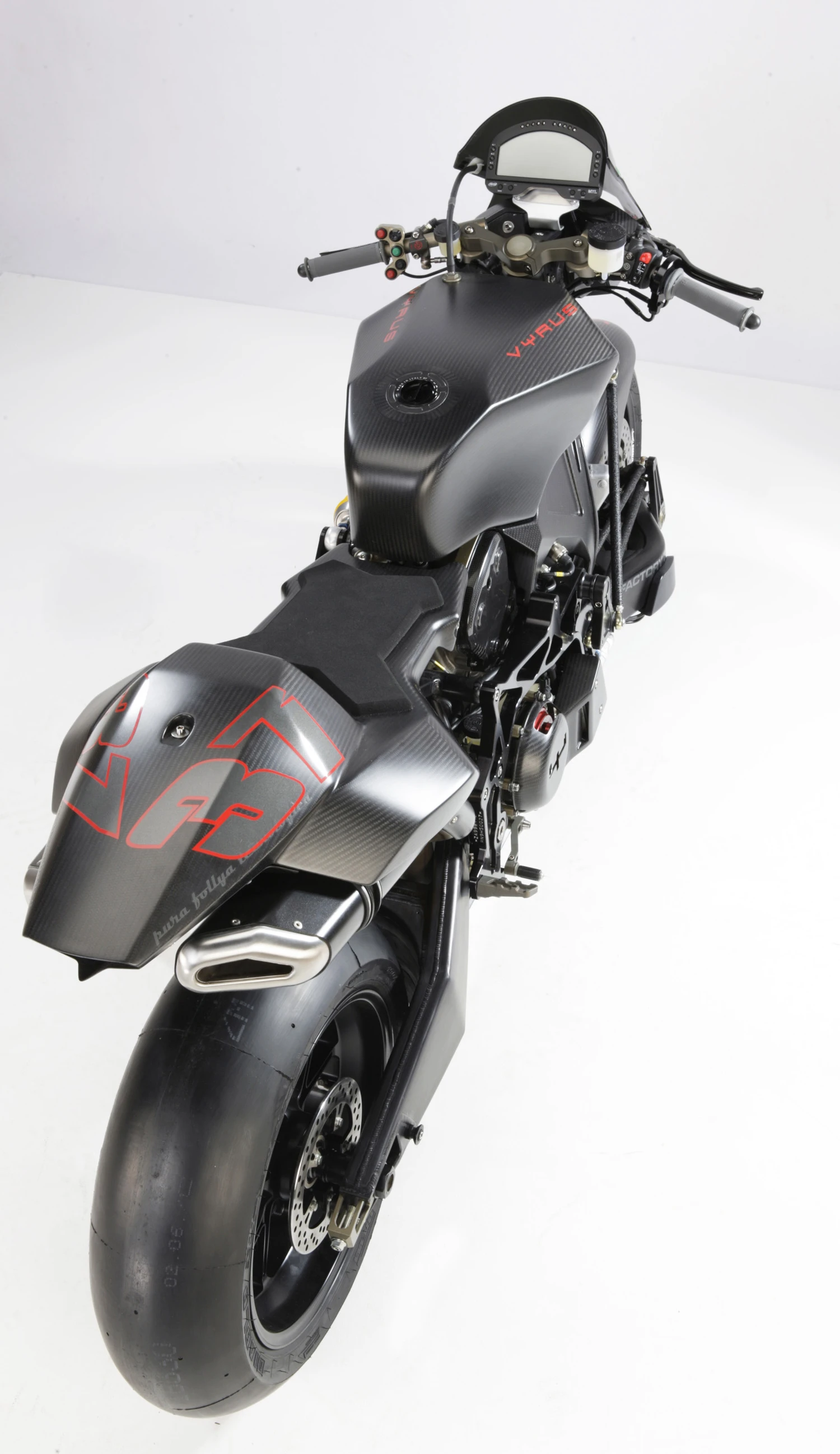 The hub-centre-steered Vyrus 987 C3 4V V runs a 211 bhp supercharged 1198cc 1098R Ducati engine, weighs just 158 kg and costs EUR 65,000 (US$91,700).