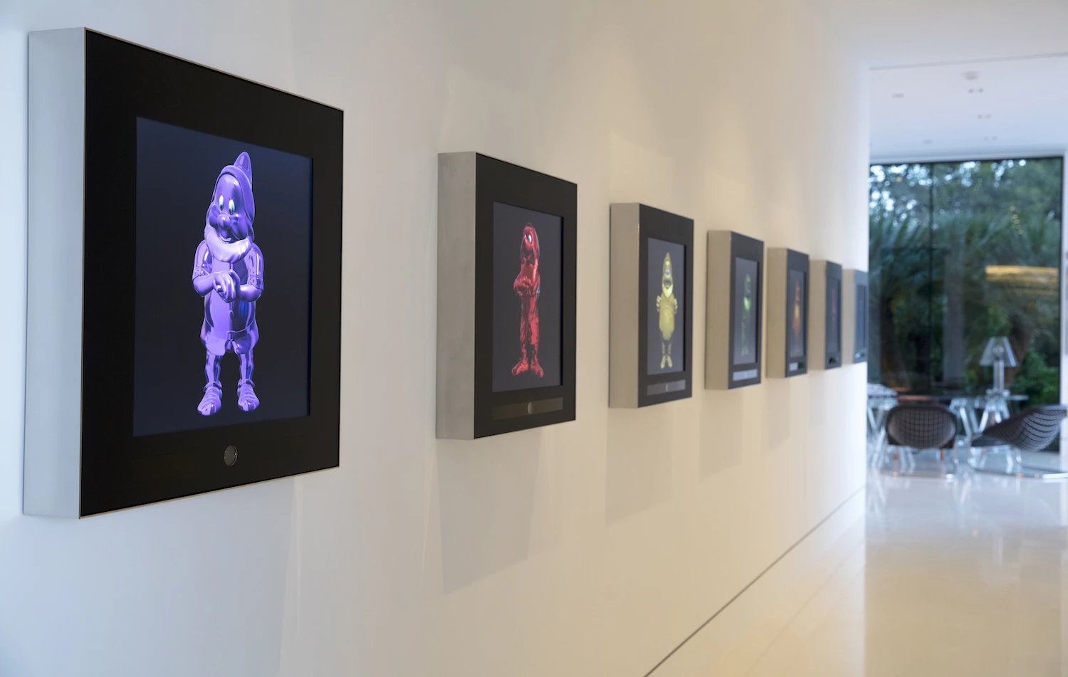 This installation, the Seven Dwarfs by Dominic Harris, is featured in a set of high-resolution flat video panels and licensed by the Walt Disney Company
