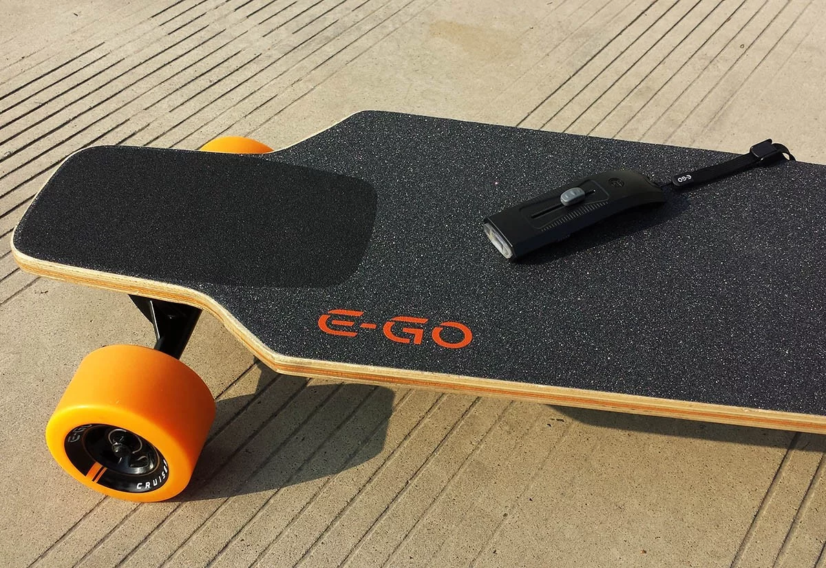 The Yuneec E-Go Cruiser's sleek, wireless remote has a slide switch for acceleration/deceleration