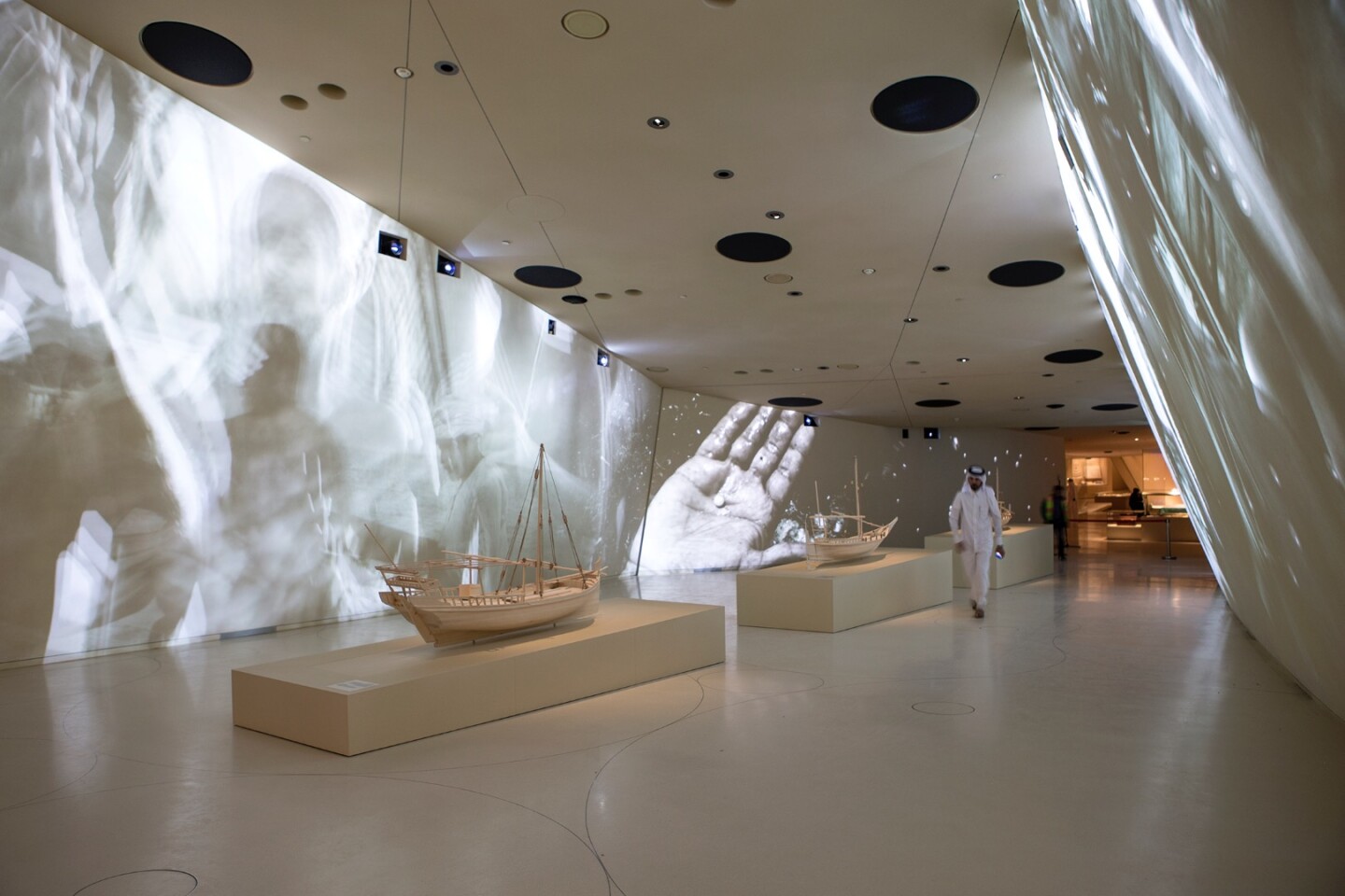 The National Museum of Qatar's gallery spaces are organized into three main sections: Beginnings, Life in Qatar, and The Modern History of Qatar