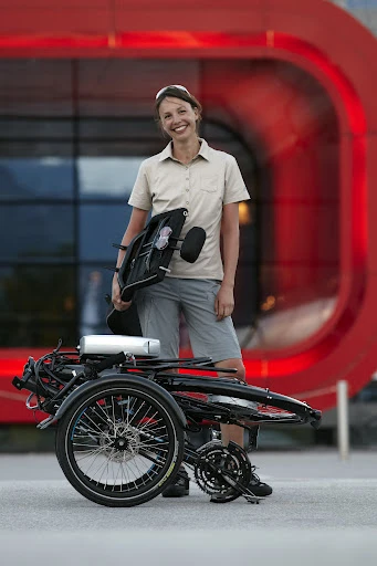 The 68-lb (31 kg) bike folds up for transport
