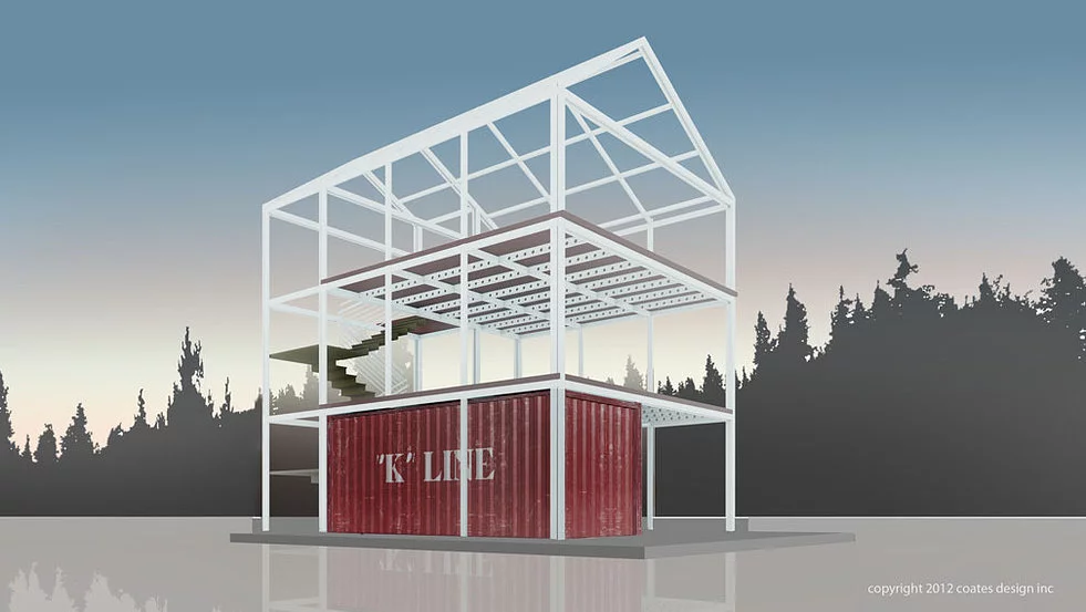 The Eco-Pak house is built around a shipping container within which the extended framework is transported