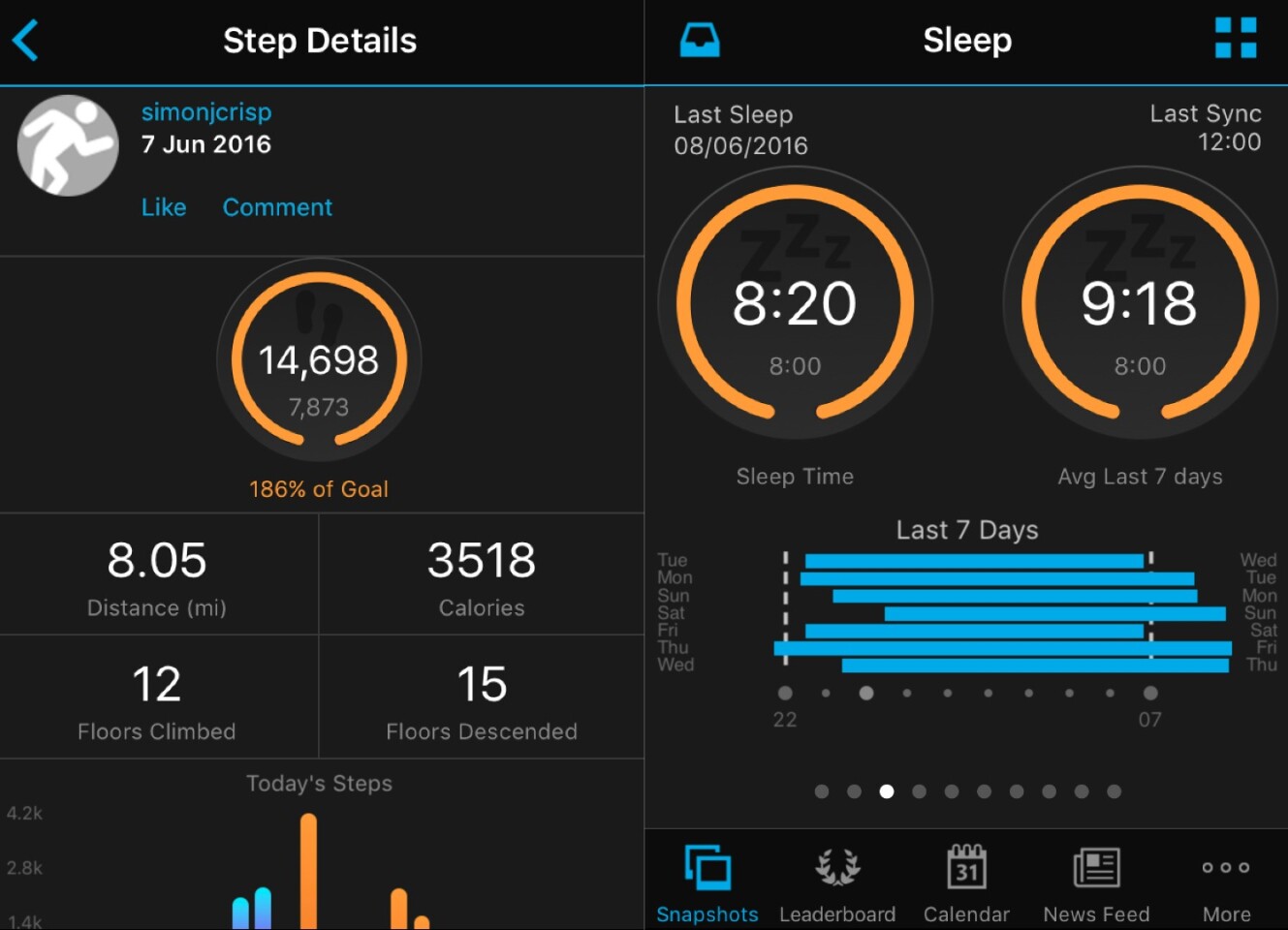 Step and sleep data from the Gamin Vivoactive HR can be reviewed using the Garmin Connect app