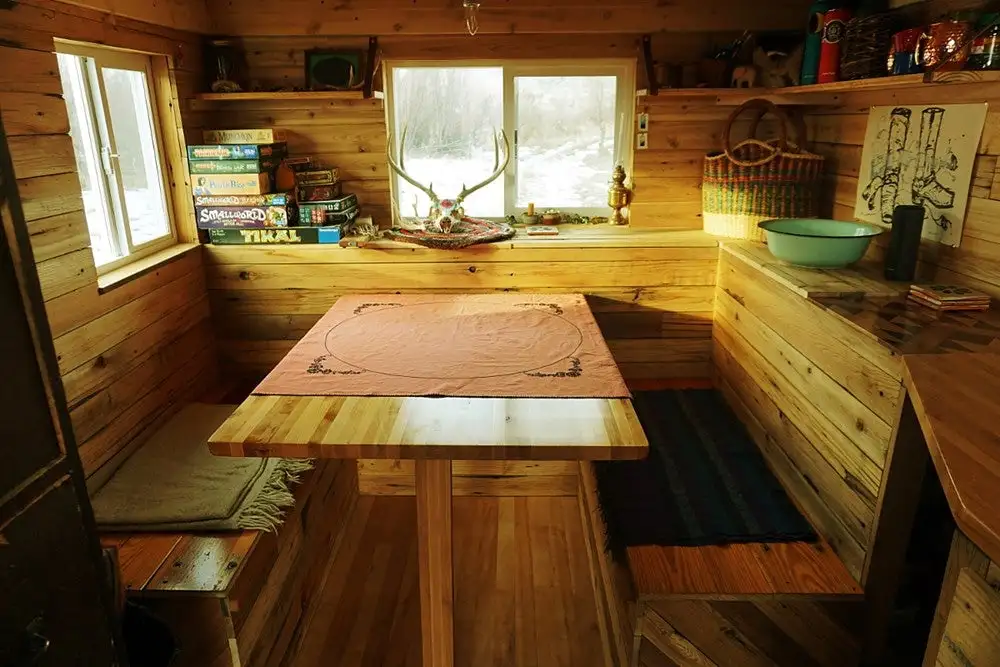 The Wheelie Shack was constructed in summer (northern hemisphere) 2017, but after a winter spent living in it, the owners decided it's too large for their needs
