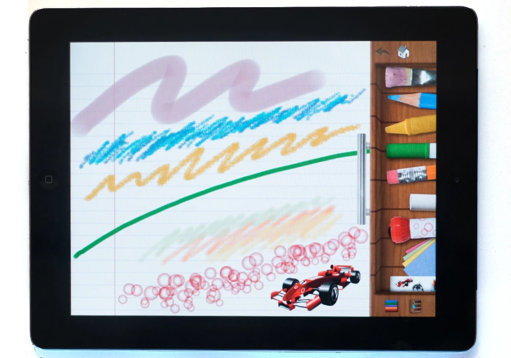 Drawing Pad gives children easy access to a digital art tool-kit including markers, paint brushes, colored pencils and stickers