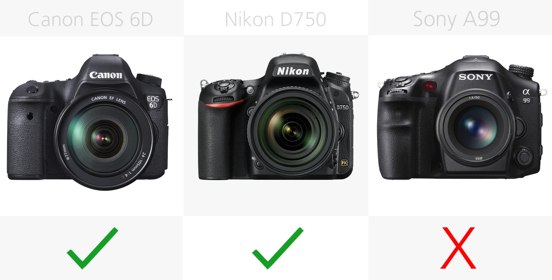 Full frame DSLR built-in Wi-Fi comparison Canon EOS 6D, Nikon D750, Sony A99