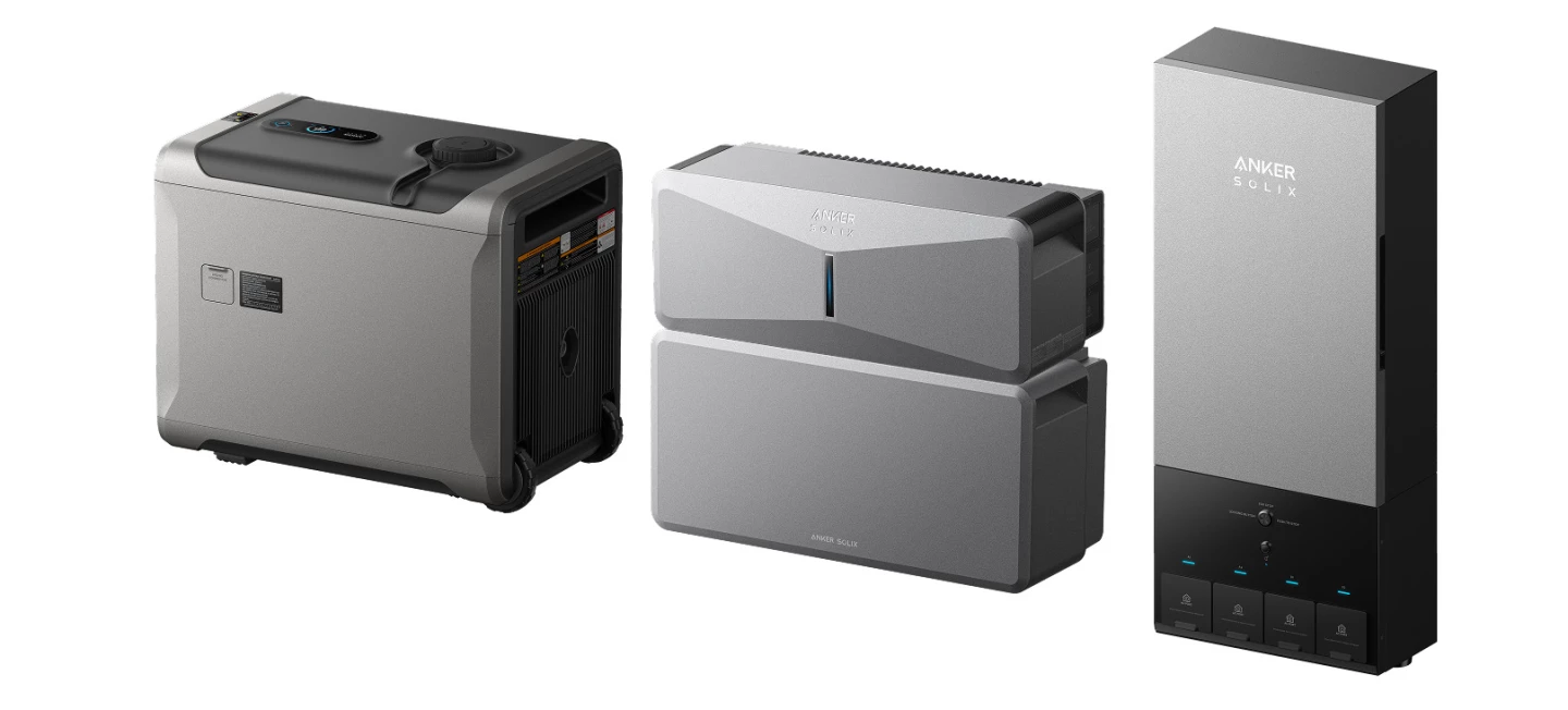 The expandable Solix E10 system includes an inverter with modular batteries (center), a tri-fuel generator (left), and a Power Dock for automatic switchover (right) or a manual inlet box (not pictured)