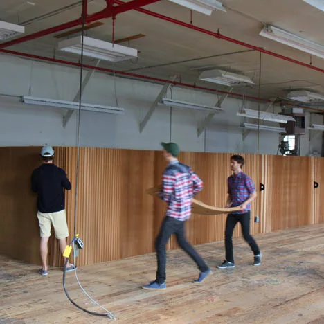 The flexible walls pack flat, suitable for fast and cost effective shipping, whilst in a matter of minutes the softwalls can be unpacked and expanded to create walls and rooms (Image by Molo Design)