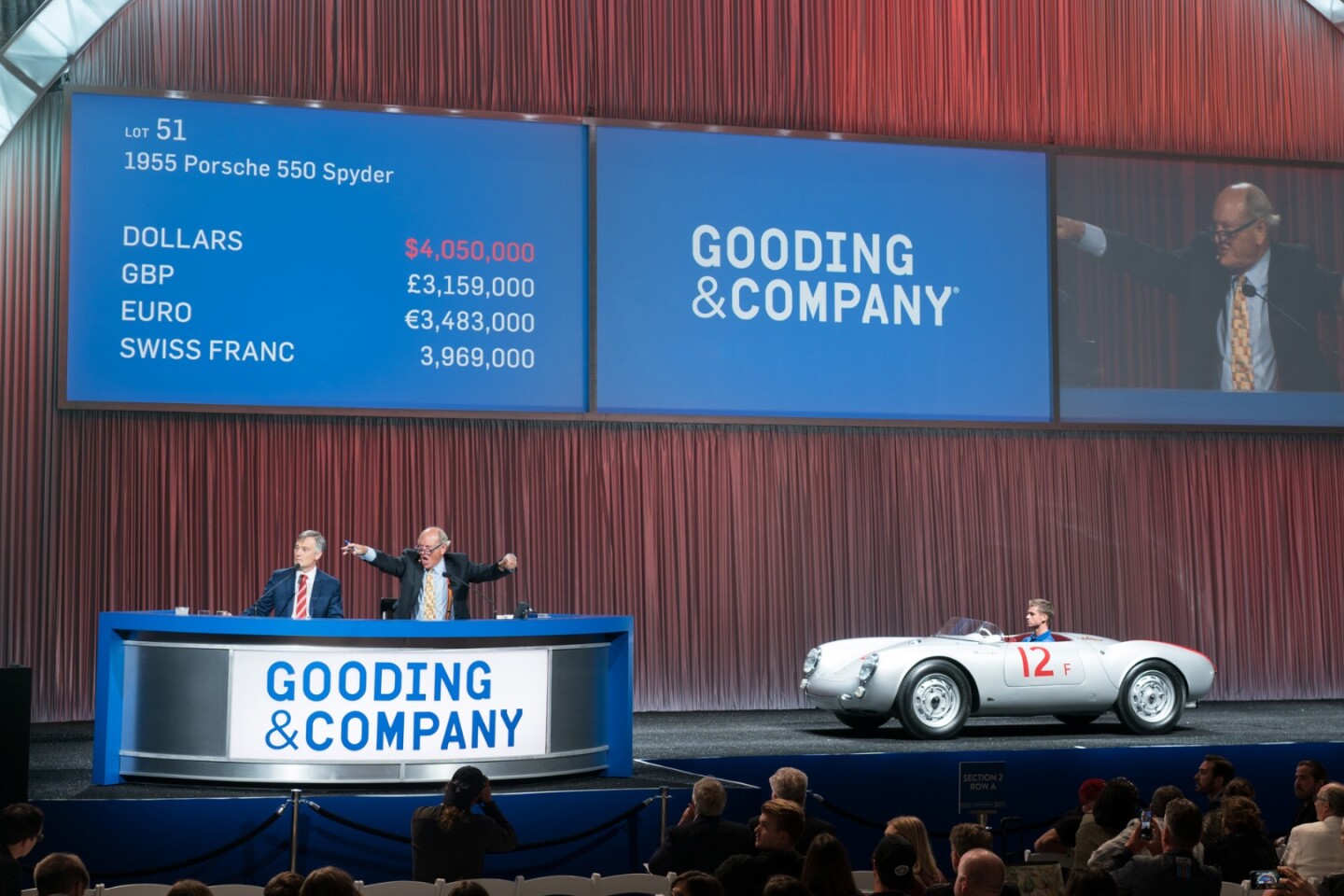 2018 Monterey Car Week Auction Report | An early example of the Porsche 550 Spyder comes with extensive documentation from new, including numerous original racing photographs, full period service records and and even period video footage. | Sold for: $4,455,000 | Estimate: from $4,000,000 to $5,000,000 | Auction: Gooding & Co | Lot 051 | Official Description