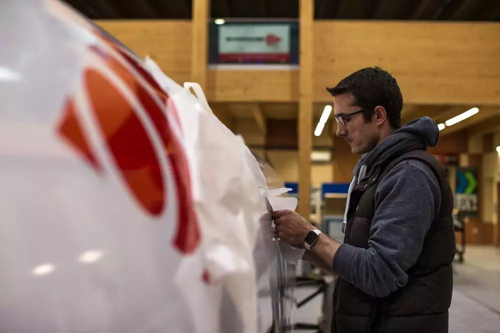 A worker tends to the Bloodhound LSR supersonic car