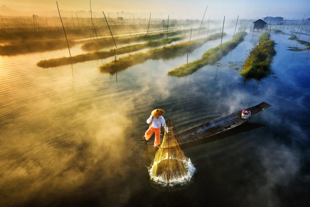An Intha fisherman goes to work in Myanmar. This drone shot won first prize in the Professional's Landscape category of SkyPixel's 2017 Photo Contest
