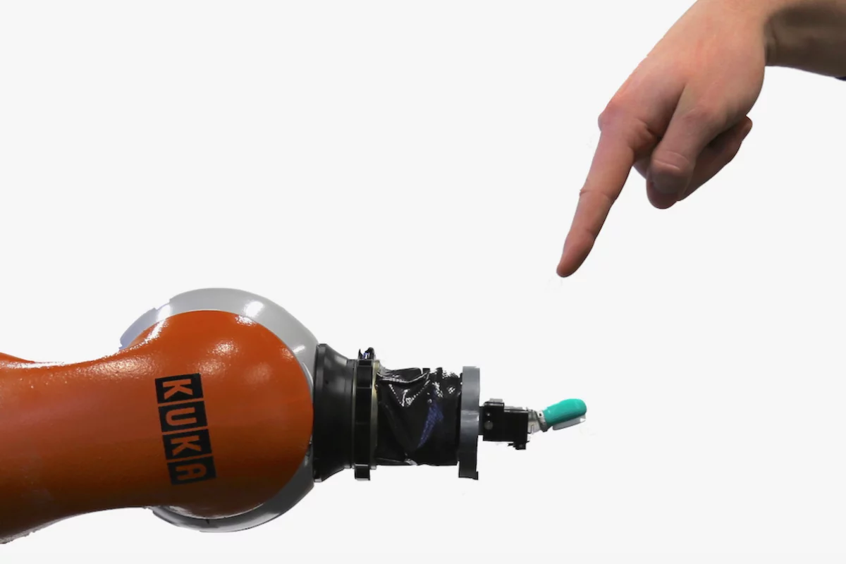 The researchers developed a pain-reflex controller for a BioTac fingertip sensor fitted to a Kuka robotic arm