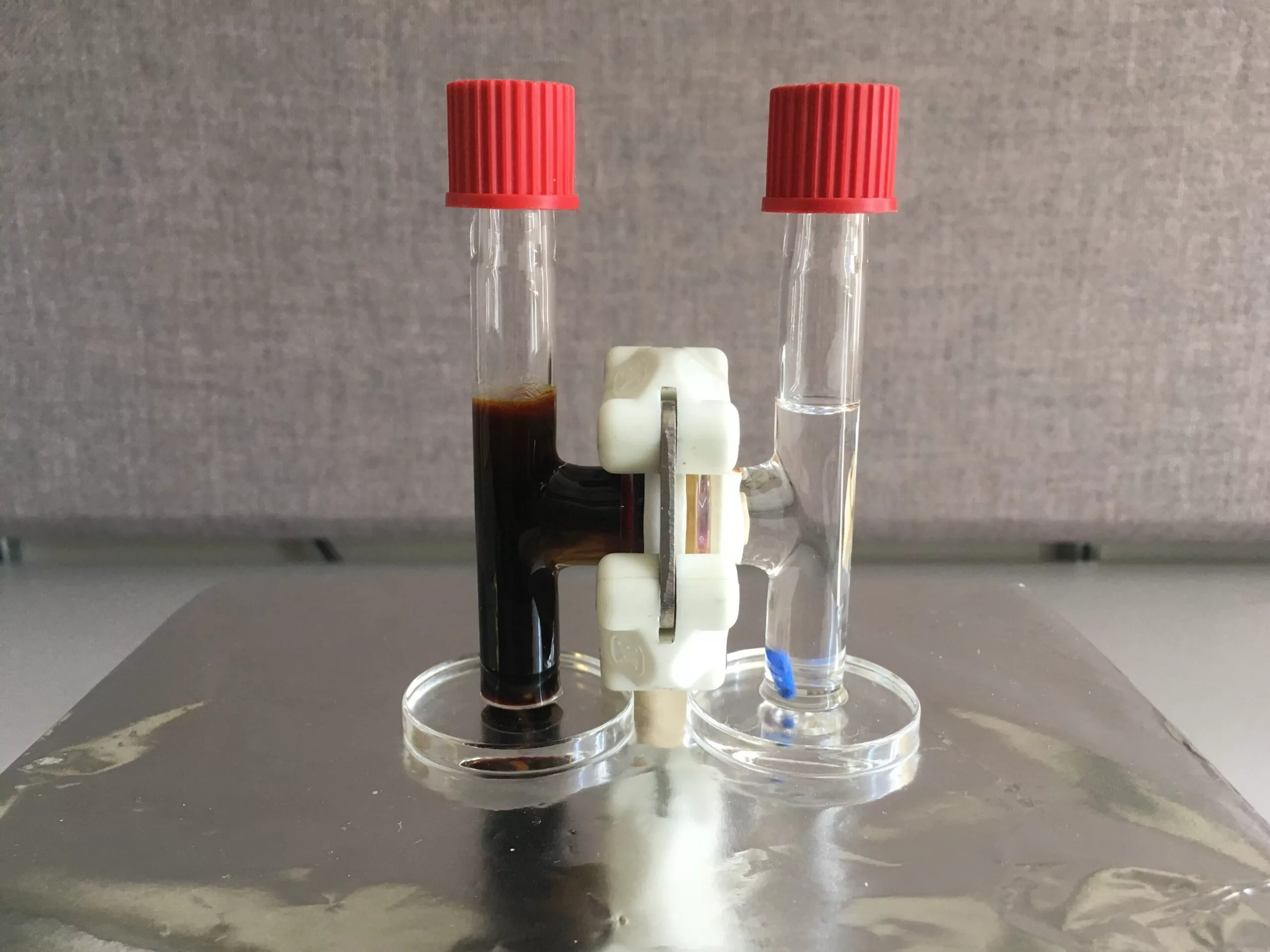 The team's novel membrane can be seen blocking the passage of lithium polysulfides
