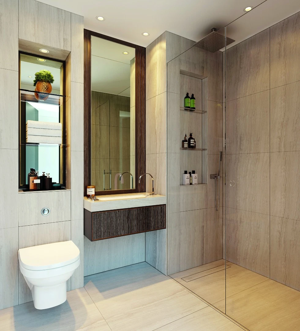 The bathrooms will have high-quality finishes in natural materials like timber and stone