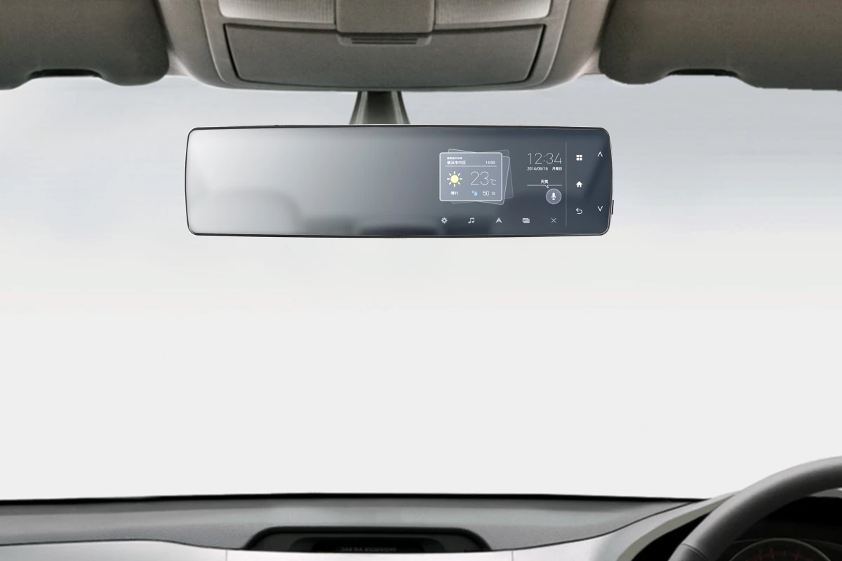 The Pioneer rearview mirror telematics unit installs over the existing rearview mirror
