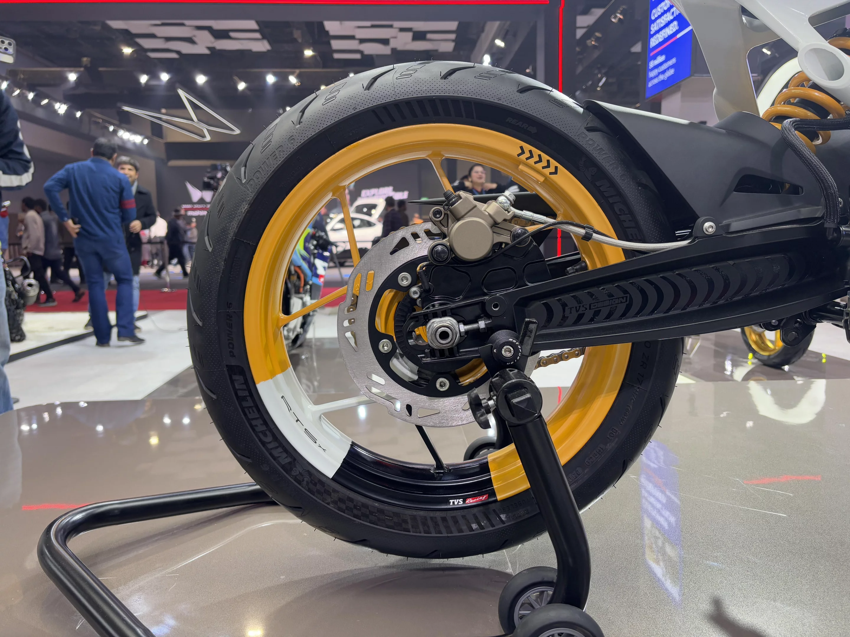 The TVS RTS X Supermoto sports 17-inch alloy wheels and front and back