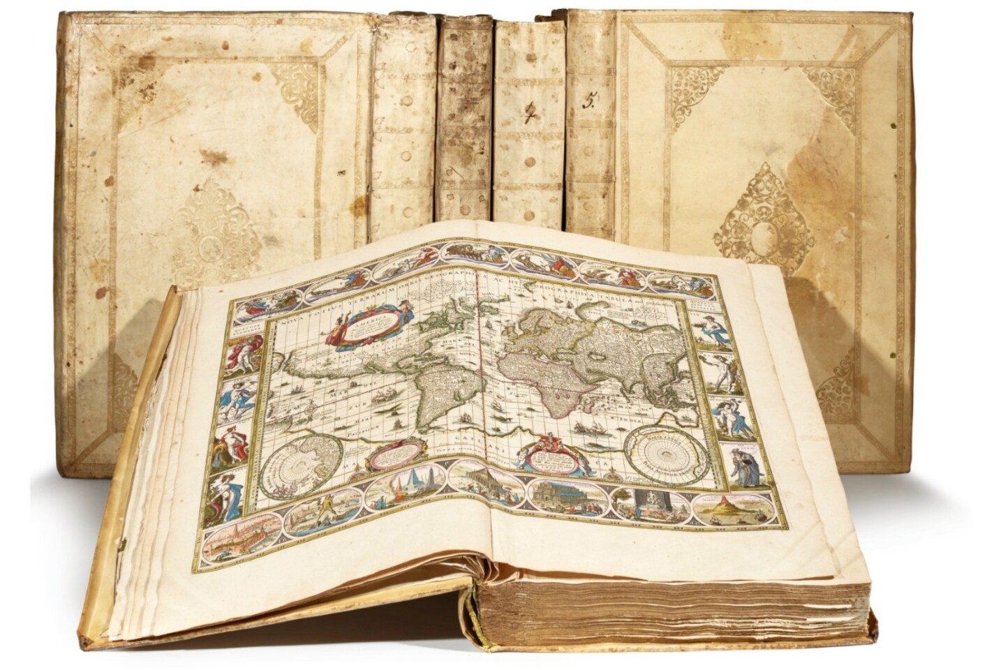The work of Abraham Ortelius, Theatrum Orbis Terrarum is considered to be the first true atlas, in that it consisted of a collection of uniform map sheets for which copper printing plates were specifically engrave d, rather than a collection of maps from various sources. Theatrum Orbis Terrarum contained 53 bundled maps of other map makers, all attributed, but all maps were redrawn to the same style and staandardised to the same size, then arranged in order by continent, region and state. This was hence the first time that the entirety of Western European knowledge of the world was brought together in one book. This copy sold for $253,217 (GBP £193,750) at Sothebys on November 2, 2017, with other copies selling for $219,600 at Arader Galleries on October 29, $210,595 (EUR €198,400) at Galerie Bassenge on April 11, $155,454 (EUR € 132,500) at Marc van de Wiele Auctions on October 7, and $80,656 (EUR € 58,000) at Henri Godts Books and Prints Auctions on June 20.